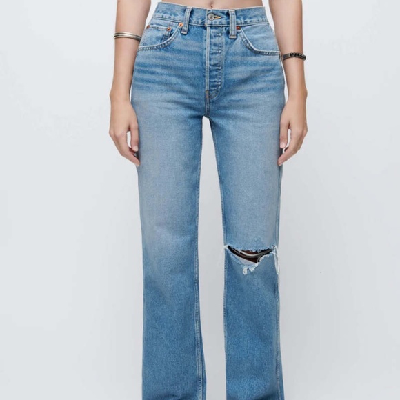 RE/DONE Women’s 90s High Rise Loose Medium Destroyed Blue Jeans Size Small NWT - Picture 1 of 9
